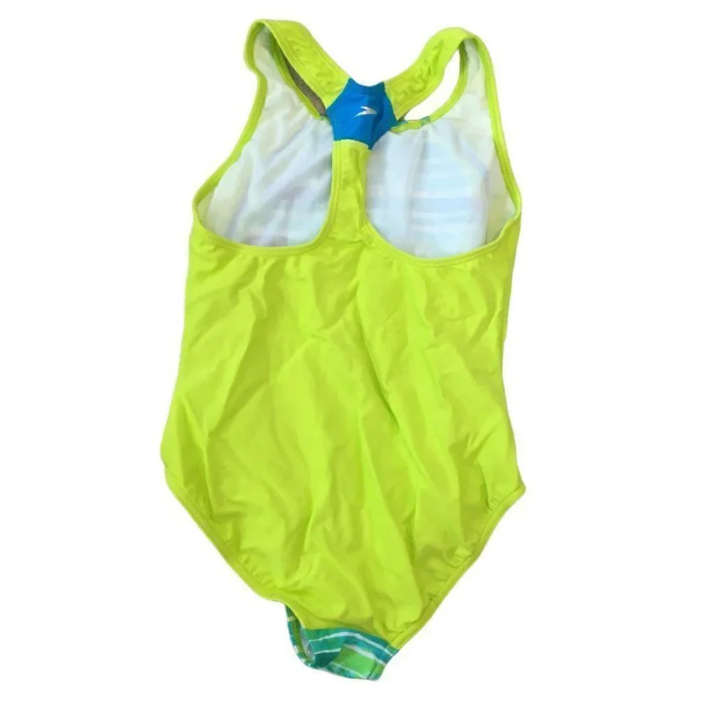 Speedo girls in bright yellow with green and blue stripes